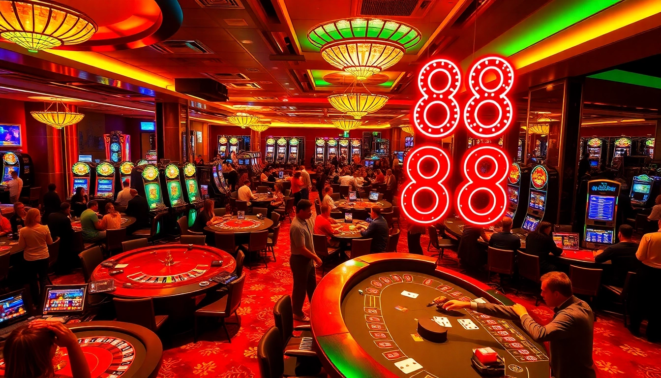 GG88 casino atmosphere with enthusiastic players at roulette tables and colorful slot machines