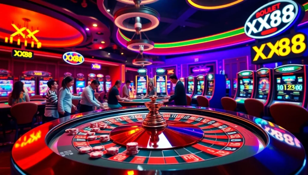 XX88 gaming action at a vibrant roulette table with colorful chips and eager players.
