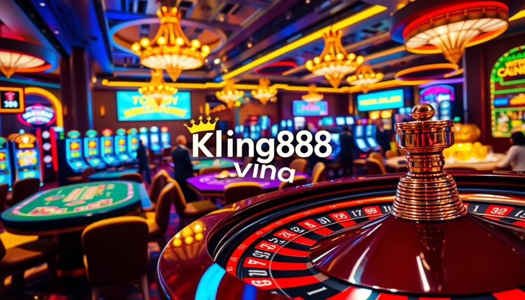 Players enjoying casino games at King88 vina, featuring poker, slots, and a lively atmosphere.