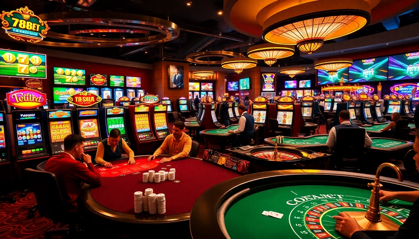 Experience the excitement of 789BET at its vibrant poker table with eager players and roulette wheel action.