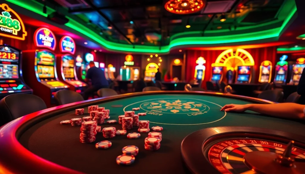 AZ888 casino scene with vibrant players at the poker table and spinning roulette wheel.