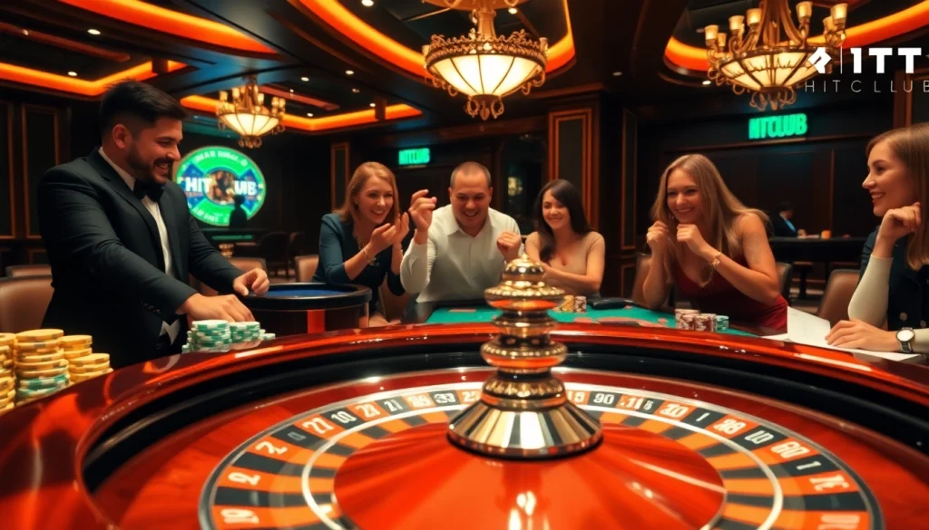 HITCLUB fortune seekers reveling at a roulette table within a bustling casino atmosphere.