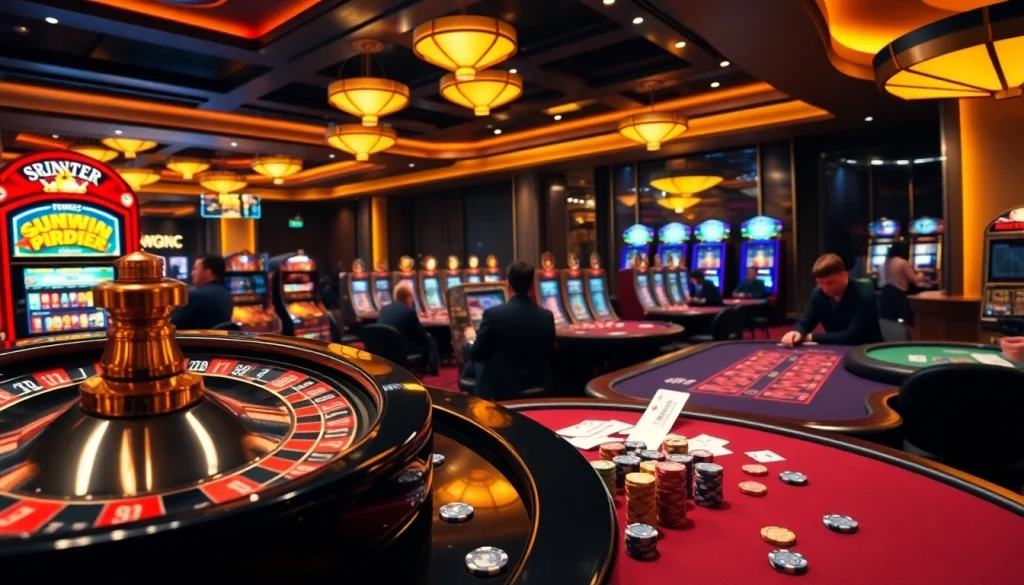 Experience the excitement of SUNWIN 88 with thrilling poker games and vibrant slot machines in a luxurious casino setting.
