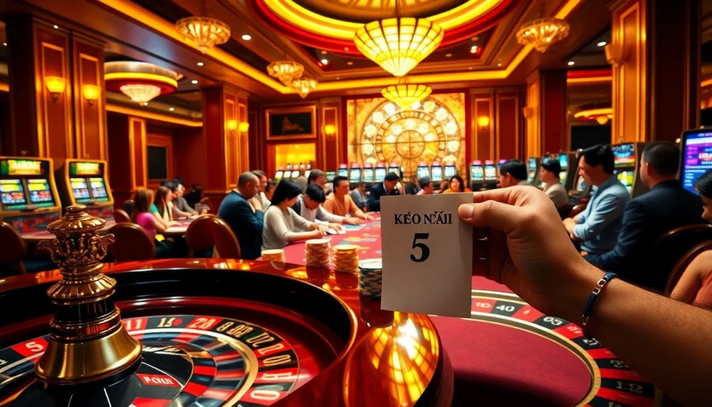 Experience the thrill of Kèo Nhà Cái 5 with players at a vibrant poker table.